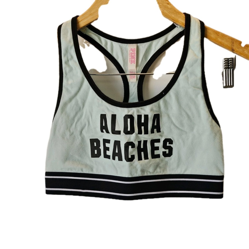 Victoria Secret  ( PINK) Turquoise W/Black Trim Aloha Beaches Sports Bra SZ M